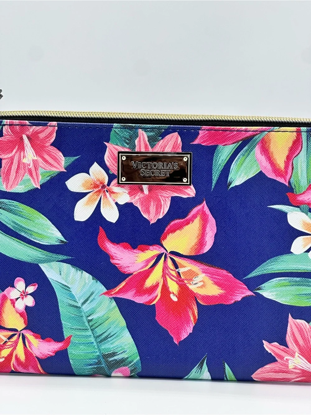 Victoria's Secret Tropical Floral Cosmetic Makeup Bag Clutch Pouch Navy Pink NWT